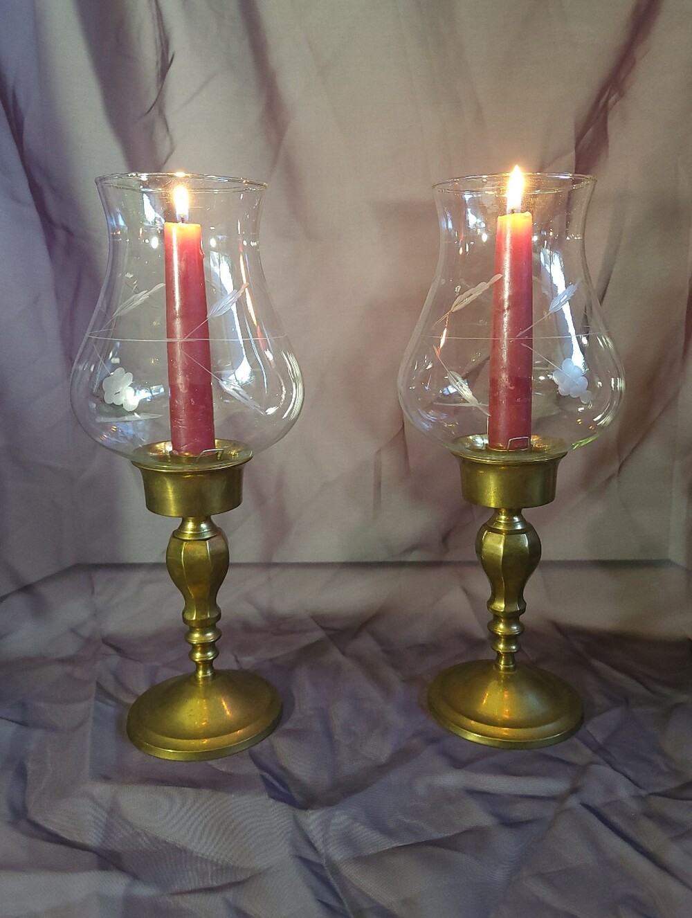Vintage Solid Brass Taper Candle Holders with Etched Glass (Pair)